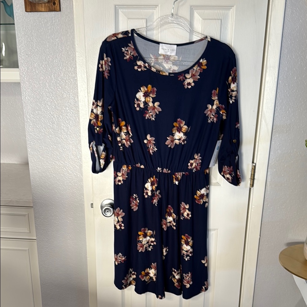 French Grey Navy Floral Long Sleeve Dress *NWT*